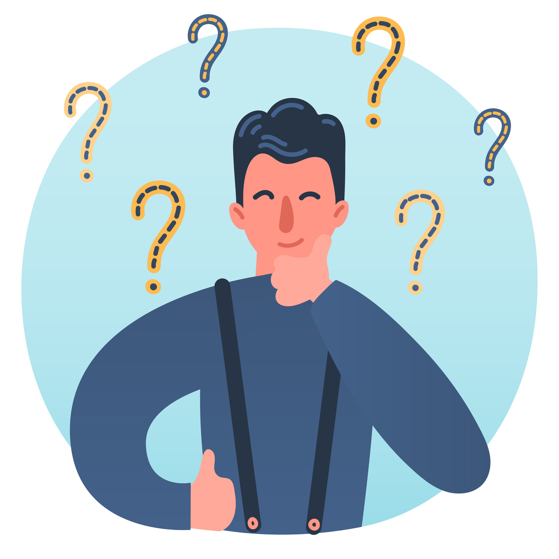 An illustrated male character surrounded by question marks