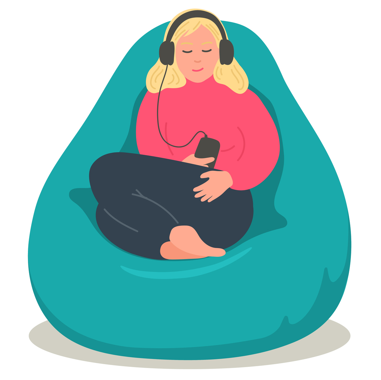 An illustrated, relaxed female character, in a beanbag, listening to a podcast